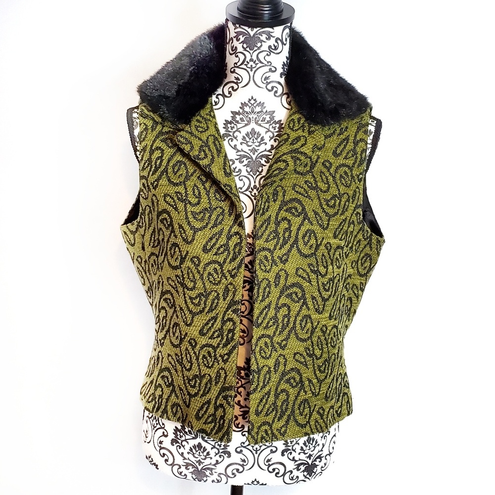 Bob Mackie Green and Black Vest with Faux Fur Collar